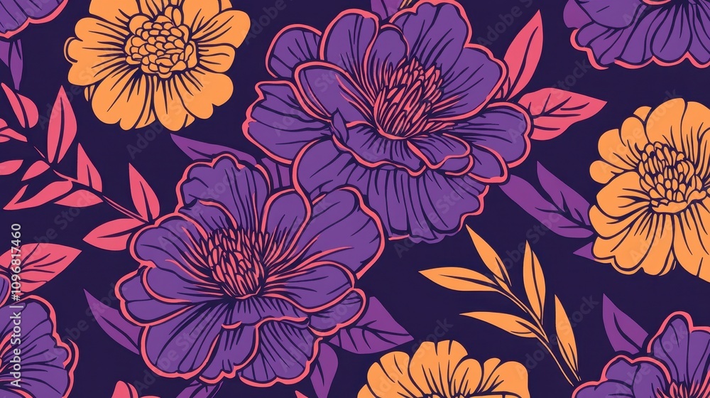 custom made wallpaper toronto digitalSeamless pattern with purple and orange flowers and leaves on a dark background.