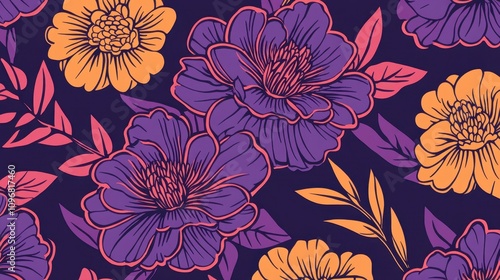 Wallpaper Mural Seamless pattern with purple and orange flowers and leaves on a dark background. Torontodigital.ca