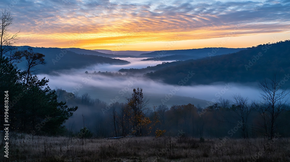 Fototapeta premium 10. Sunrise over a foggy mountain valley with layers of light and shadow