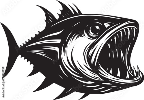A tuna silhouette with an exaggerated jagged mouth vector silhouette