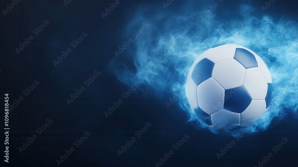 Fototapeta premium A dynamic soccer ball surrounded by blue smoke on a dark background, conveying energy and motion.