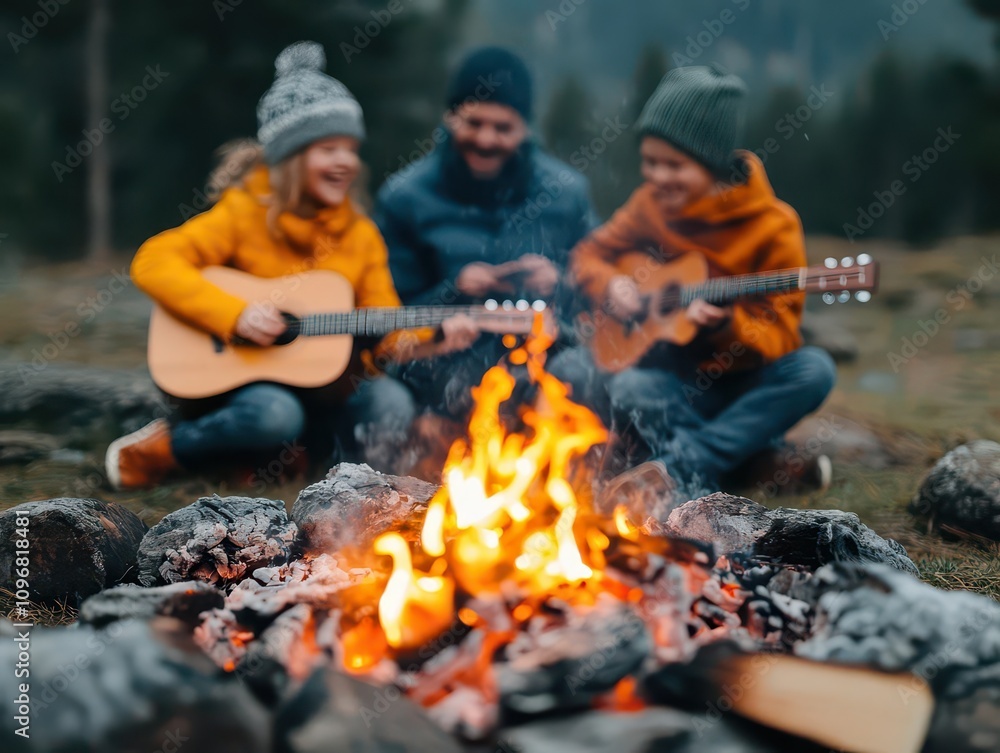 Family singing and playing guitar by the campfire, glowing embers, forest background, soft and inviting hues Family singing and playing guitar by the campfire, glowing embers, forest background, soft and inviting hues