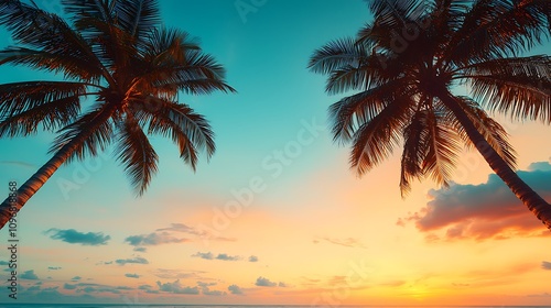 A serene beach sunset with palm trees silhouetted against a vibrant sky filled with shades of orange, blue, and pink. photo