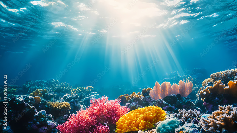 Obraz premium Sunbeams pierce the water, illuminating a vibrant underwater landscape with colorful coral reefs and marine life. Vivid Coral Reefs. Illustration