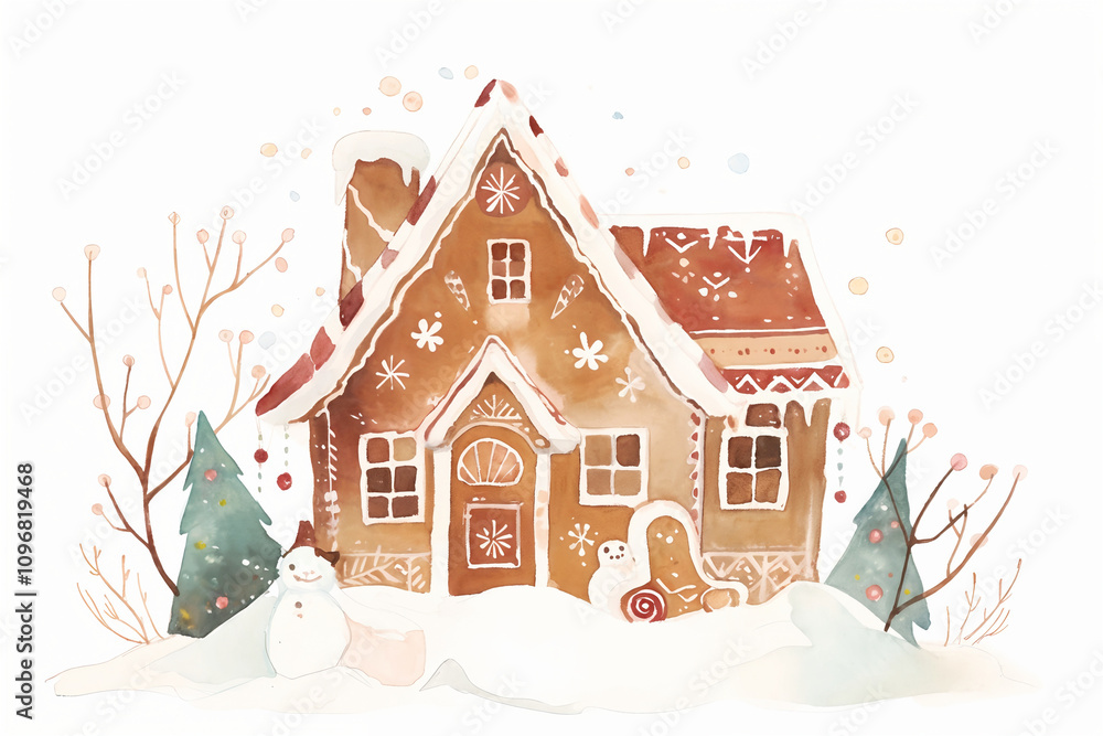 Fototapeta premium Whimsical Gingerbread Cottage in Winter Wonderland, festive charm, holiday magic, greeting card idea, storybook illustration, home decor art, Christmas and New Year poster