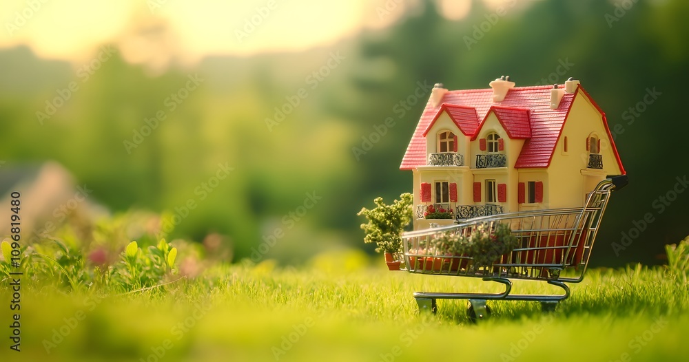 A mansion on a shopping cart, a miniature house model, a real estate concept. The color theme is red and beige, with a blurred green field in the background. A mansion on a shopping cart, a miniature house model, a real estate concept. The color theme is red and beige, with a blurred green field in the background.