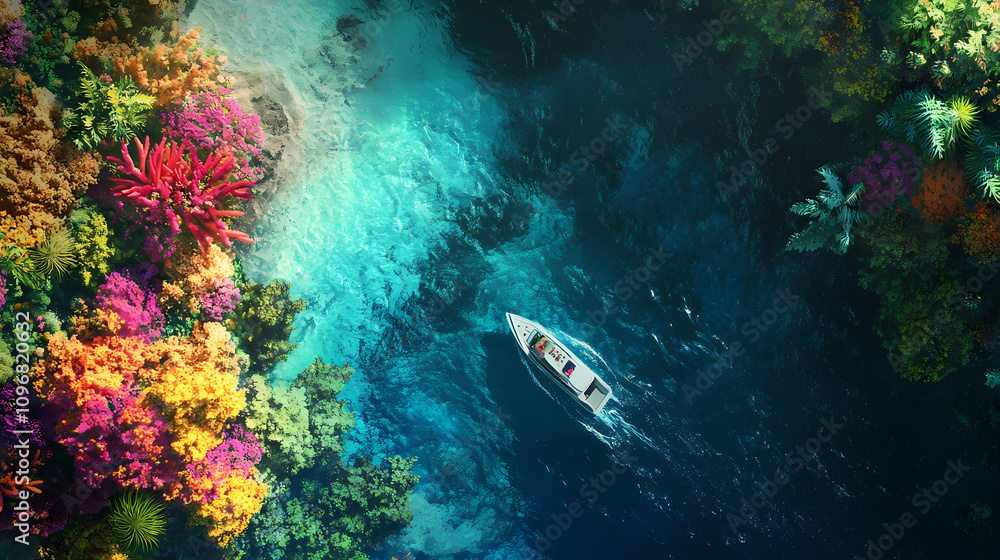 Aerial view of a boat navigating through vibrant, colorful coral reefs in clear, turquoise waters surrounded by lush vegetation. Vivid Coral Reefs. Illustration Aerial view of a boat navigating through vibrant, colorful coral reefs in clear, turquoise waters surrounded by lush vegetation. Vivid Coral Reefs. Illustration