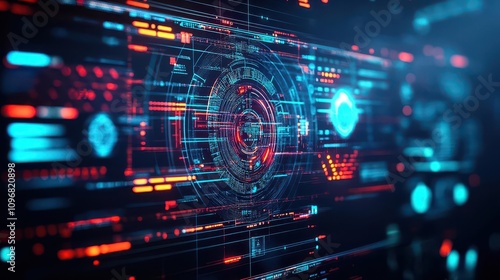 AI interface on futuristic screen interaction possibilities focus on futuristic control room vibrant Double exposure