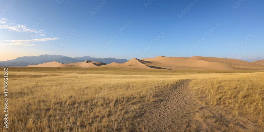 A vast, empty desert with a clear blue sky. The sky is dotted with clouds, and the sun is shining brightly. The landscape is barren and dry, with no signs of life A vast, empty desert with a clear blue sky. The sky is dotted with clouds, and the sun is shining brightly. The landscape is barren and dry, with no signs of life