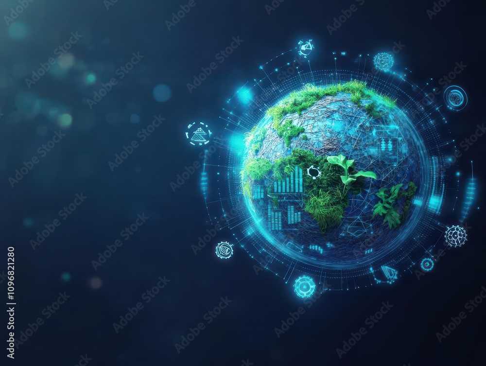 Obraz premium Abstract globe made of recycled materials, symbols of nature, gears, and digital lines, representing circular economy, ecofriendly, art
