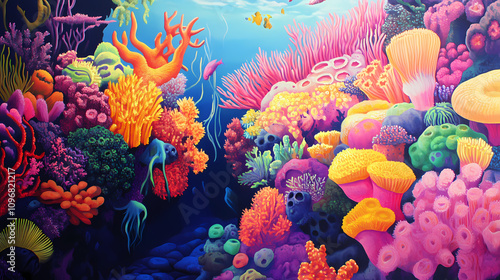 Wallpaper Mural A painting of a colorful coral reef with a variety of sea creatures. Vivid Coral Reefs. Illustration Torontodigital.ca