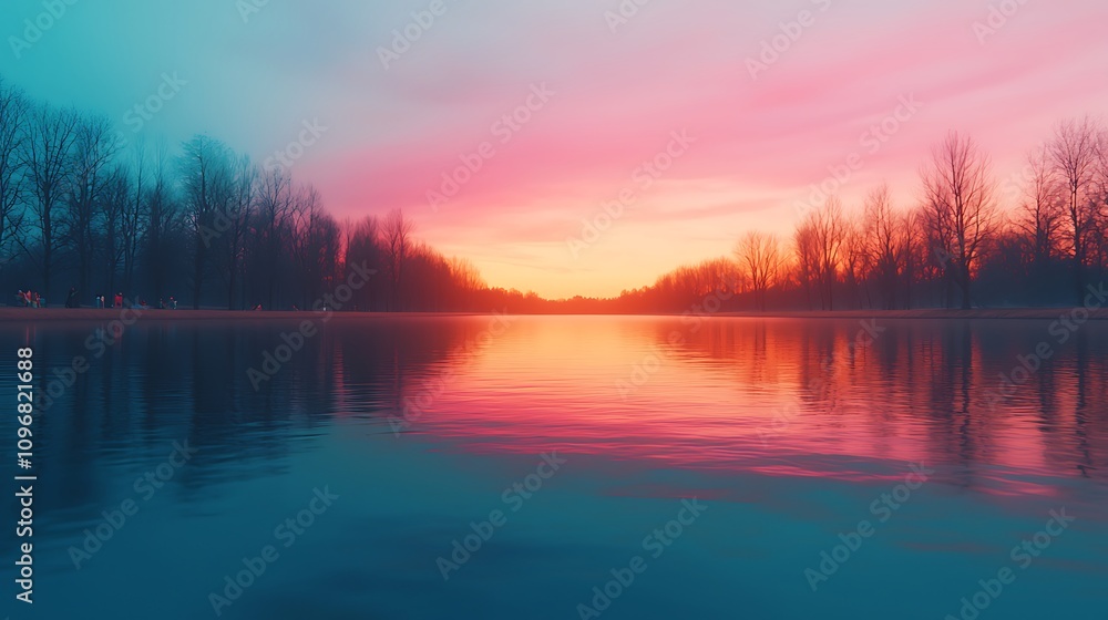 A serene landscape showcasing a colorful sunset over a calm lake, bordered by silhouetted trees against a gradient sky.
