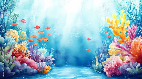Fototapeta Naklejka Na Ścianę i Meble -  A colorful watercolor underwater background with fish and a coral reef. ocean backdrop. Vivid Coral Reefs. Illustration