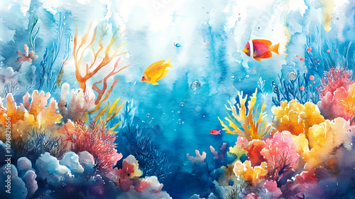Fototapeta Naklejka Na Ścianę i Meble -  A colorful watercolor underwater background with fish and a coral reef. ocean backdrop. Vivid Coral Reefs. Illustration
