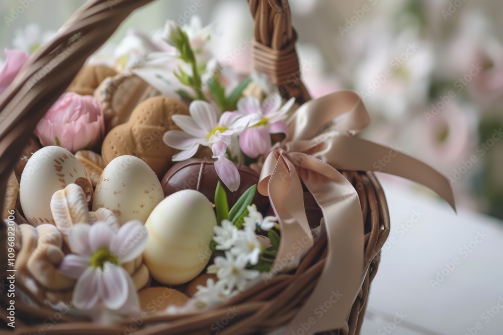 Luxuriously Wrapped Easter Gift Basket with Chocolate Eggs and Spring Flowers Luxuriously Wrapped Easter Gift Basket with Chocolate Eggs and Spring Flowers