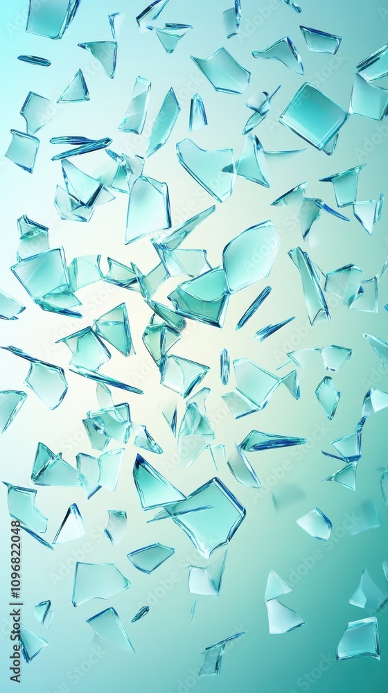 Fototapeta premium Scattered shards of blue-tinted glass, creating a dynamic visual display against a soft gradient background.