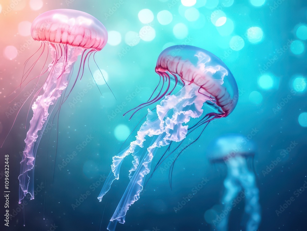 A soothing aquarium scene with jellyfish floating gracefully, illuminated by soft watercolor shades of blue and pink A soothing aquarium scene with jellyfish floating gracefully, illuminated by soft watercolor shades of blue and pink
