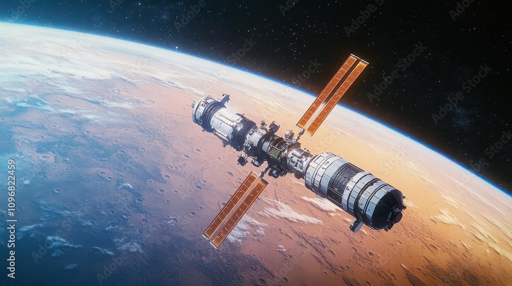 A space station with advanced technology for terraforming Mars, cosmic engineering top view, focusing on space exploration innovation, scifi tone, complementary color scheme A space station with advanced technology for terraforming Mars, cosmic engineering top view, focusing on space exploration innovation, scifi tone, complementary color scheme