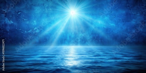 A celestial light shines through a swirling nebula, illuminating a calm and tranquil sea beneath a boundless sky.