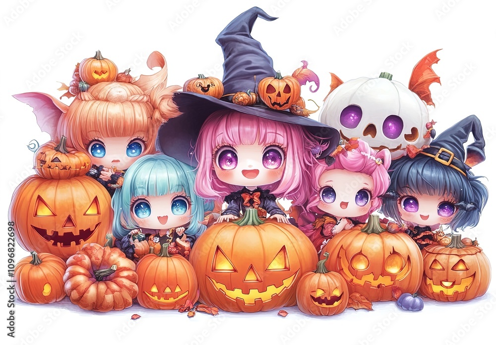 Fototapeta premium Cute halloween characters celebrating with pumpkins