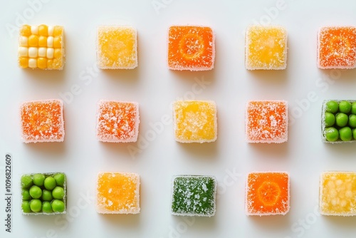 A neat grid of small frozen vegetable cubes, including carrots, peas, and corn, perfectly aligned on a bright white background, with frost delicately accenting each piece. photo