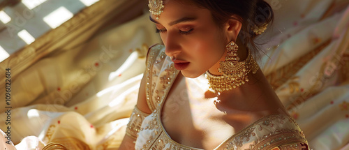  A charming scene of the woman wearing a beautifully embroidered choli paired with an elegant skirt, accessorized with statement earrings and layered bracelets for added flair2 photo