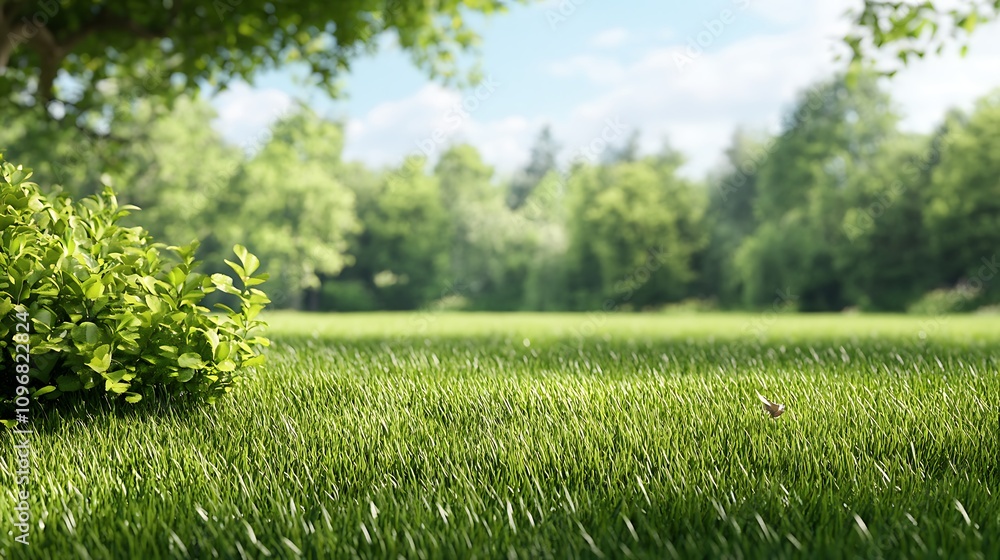 Obraz premium A serene background featuring a lush, vibrant green landscape with soft, blurry foliage creating a charming ambiance
