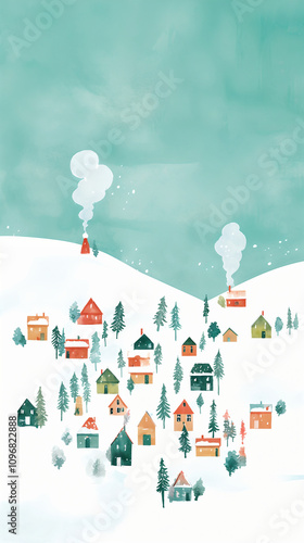 Inviting watercolor illustration of village with Christmas trees, holiday celebration, greeting card, festive poster, winter wallpaper, book cover with space for text