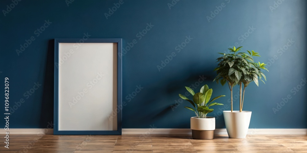 Blank Canvas Against a Deep Blue Wall, Flanked by Two Houseplants in White Pots and a Wooden Floor Blank Canvas Against a Deep Blue Wall, Flanked by Two Houseplants in White Pots and a Wooden Floor