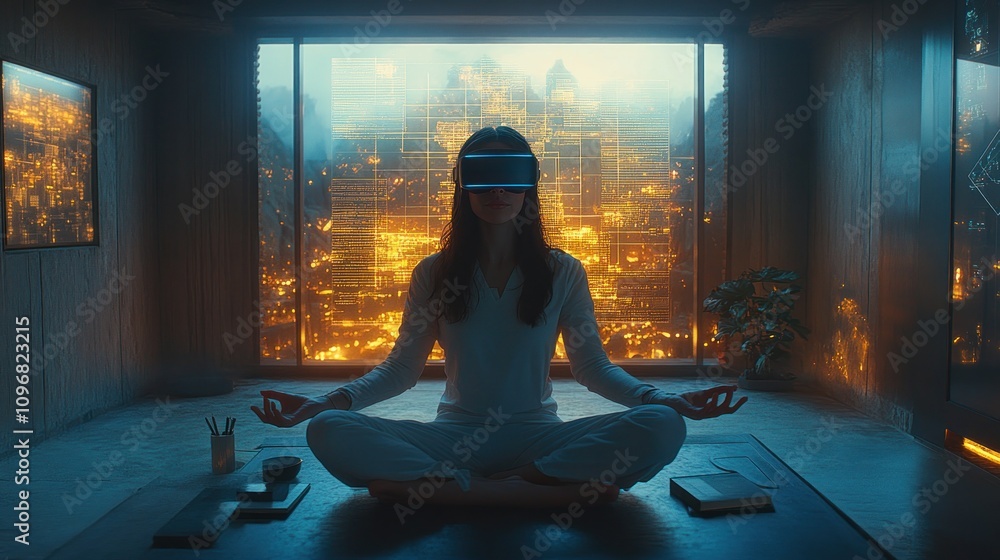 Zenith of Virtual Reality: A Woman Meditates in a Futuristic Cityscape Zenith of Virtual Reality: A Woman Meditates in a Futuristic Cityscape