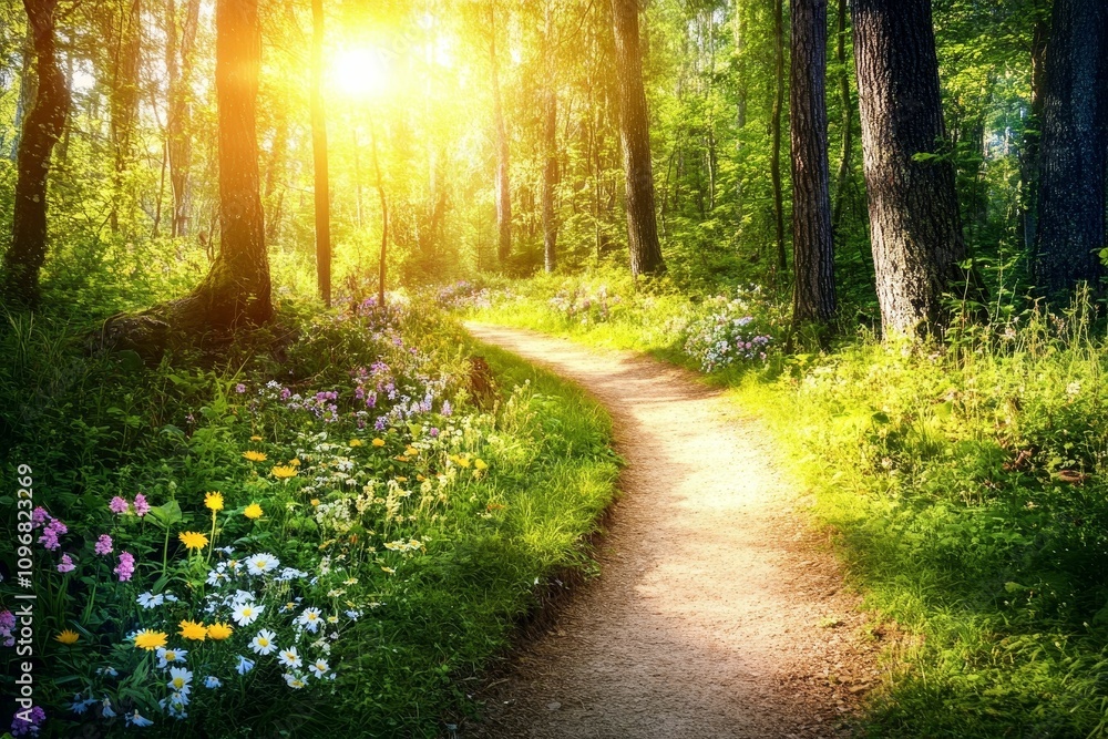 Obraz premium Sunlit forest path, wildflowers, summer.