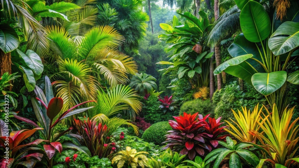 Fototapeta premium A lush tropical garden with vibrant green foliage, striking red and yellow accents, and a sense of mystery in the distant haze.