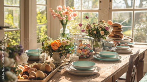 Easter Brunch in Sunlit Dining Room with Pastel Decor and Fresh Flowers for Spring Celebration