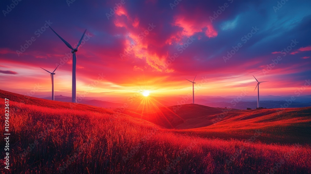 Vibrant Sunset Over Wind Turbines in Rolling Hills Vibrant Sunset Over Wind Turbines in Rolling Hills
