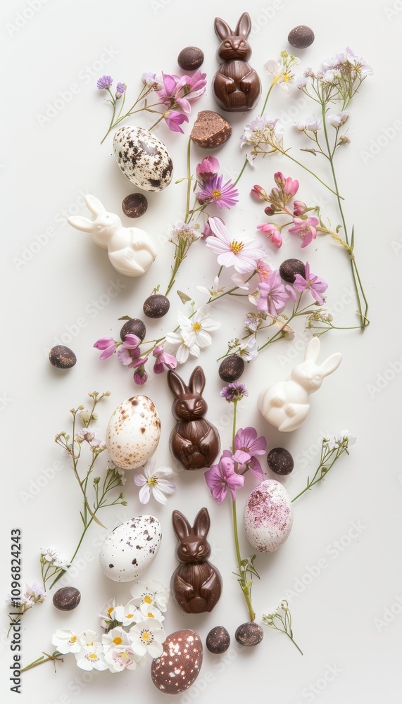 Minimalist Easter Flat Lay with Chocolate Bunnies, Painted Eggs, and Spring Flowers Minimalist Easter Flat Lay with Chocolate Bunnies, Painted Eggs, and Spring Flowers