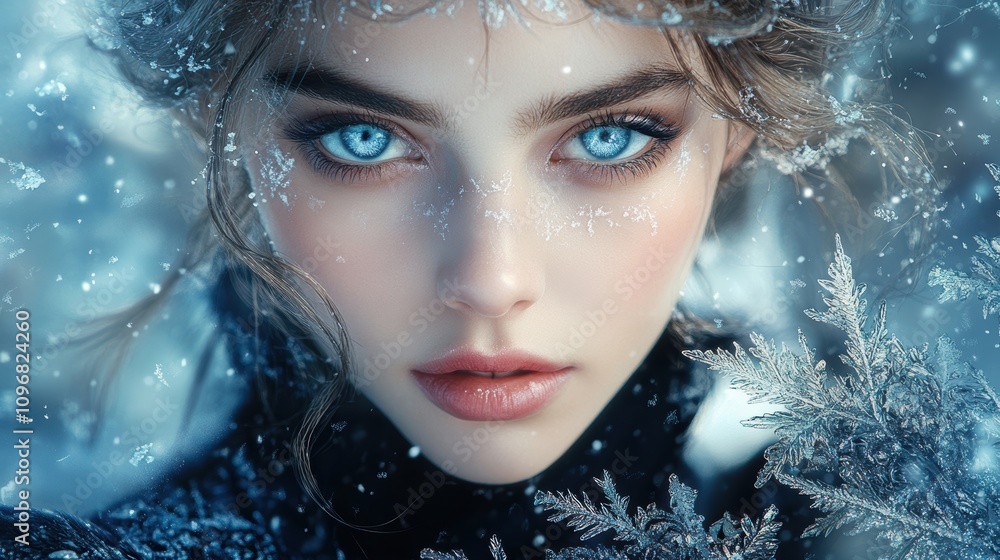 A captivating portrait of a woman with icy blue eyes and snowflakes in her hair. A captivating portrait of a woman with icy blue eyes and snowflakes in her hair.