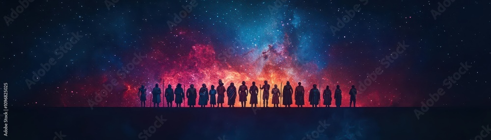 A digital tapestry depicting historical figures from different cultures standing together under a galaxy of stars, Digital Art, Realism, Epic A digital tapestry depicting historical figures from different cultures standing together under a galaxy of stars, Digital Art, Realism, Epic