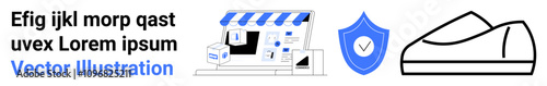 Storefront with packages, shield with check mark, sneaker outline. Ideal for e-commerce, online shopping, security, deliveries, retail, footwear, websites. Modern, minimalistic design Landing page