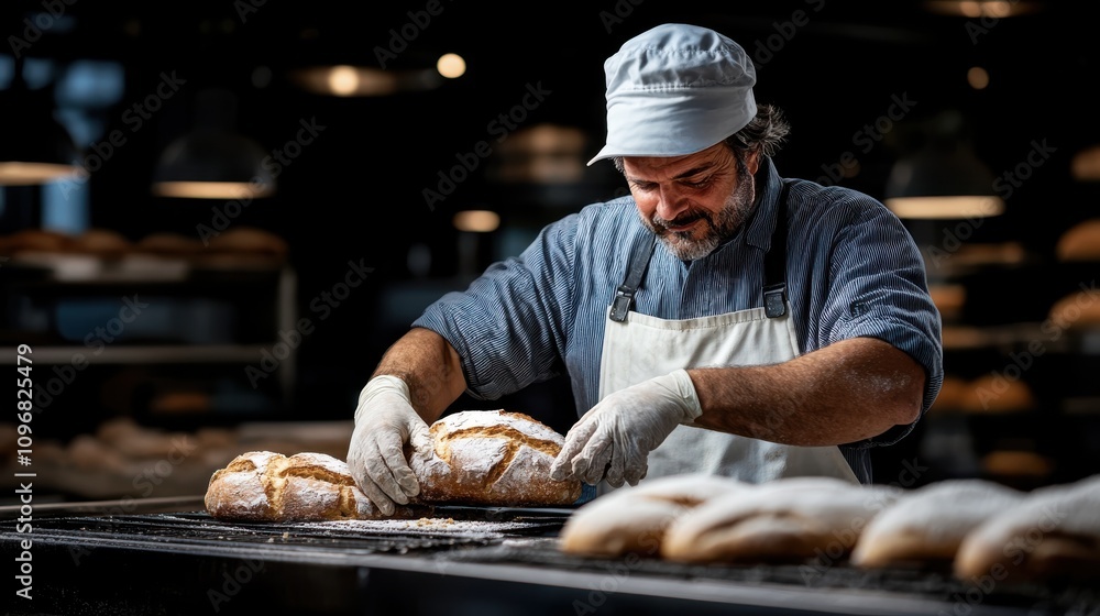 A seasoned baker wearing an apron and cap precisely handles freshly baked loaves on a cooling rack, showcasing years of expertise in a modern bakery environment. A seasoned baker wearing an apron and cap precisely handles freshly baked loaves on a cooling rack, showcasing years of expertise in a modern bakery environment.