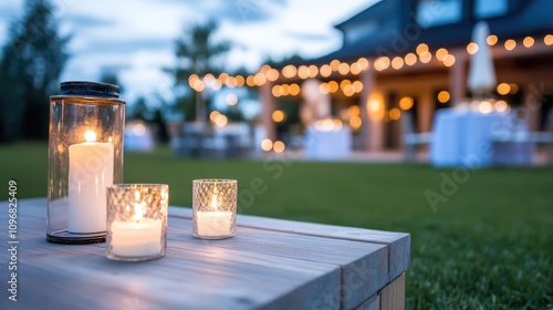 The image portrays a spacious outdoor area adorned with warm lighted lanterns on a table, creating a festive and welcoming ambiance under the evening sky. photo