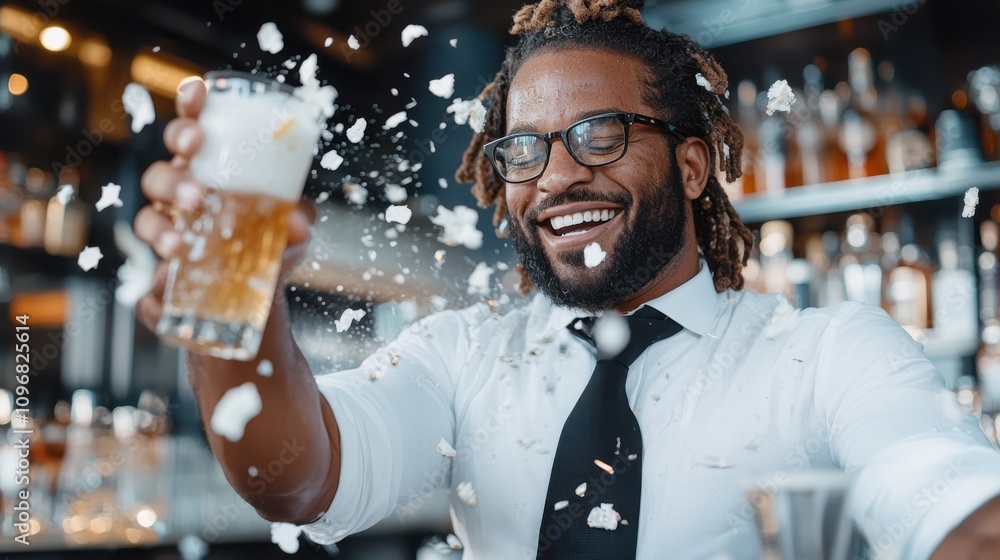 A bartender with a bright smile and glasses pours a tall glass of foamy beer, creating a joyful and lively atmosphere inside a bustling bar environment. A bartender with a bright smile and glasses pours a tall glass of foamy beer, creating a joyful and lively atmosphere inside a bustling bar environment.