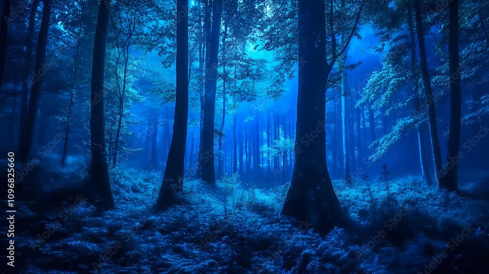 Fototapeta premium Mystical forest with eerie blue glow and dark trees. Magical Forest Whispers. Illustration