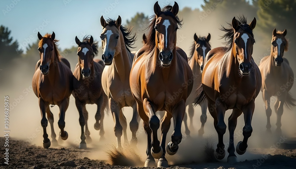 brown horses running through a dust brown horses running through a dust