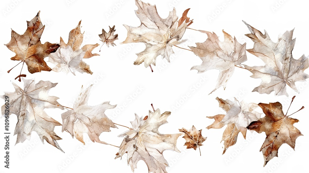 Fototapeta premium White Background Watercolor Leaf Frame - a delicate and artistic design. The soft watercolor leaves create an elegant and natural composition.