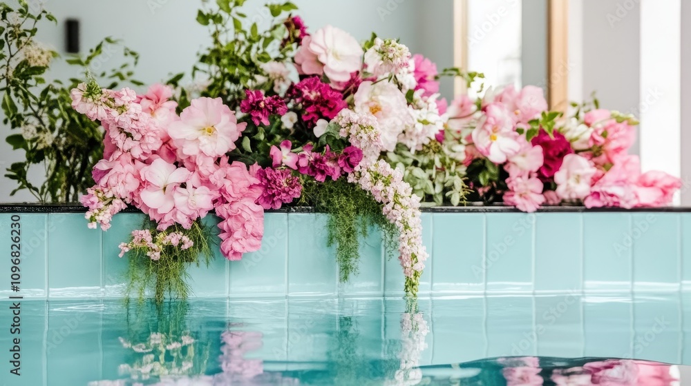 Fototapeta premium Luxurious pink and magenta flowers adorn a teal pool's edge.