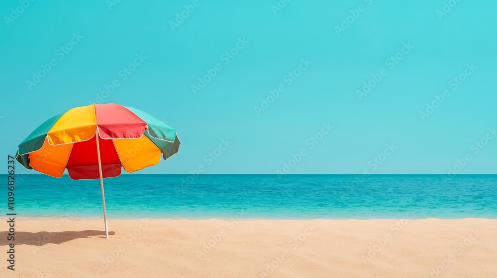 A vibrant beach scene featuring a colorful umbrella on golden sand, with a clear blue sky and calm ocean waves in the background. A vibrant beach scene featuring a colorful umbrella on golden sand, with a clear blue sky and calm ocean waves in the background.