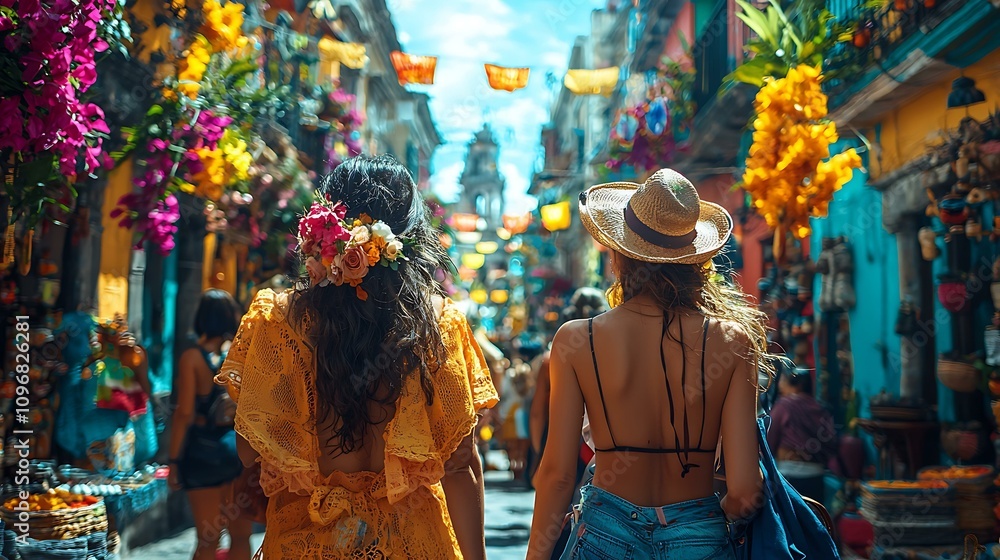 Fototapeta premium A vibrant street festival in Mexico with tourists enjoying traditional foods