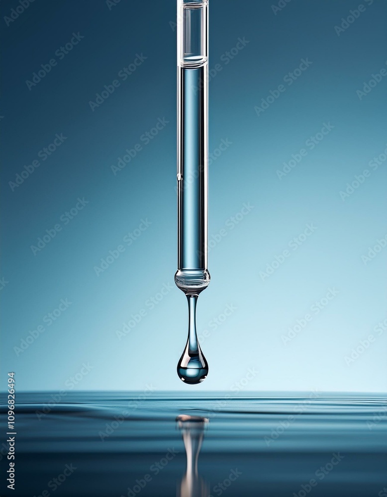 A single drop of clear liquid falls from a pipette into calm water. A single drop of clear liquid falls from a pipette into calm water.