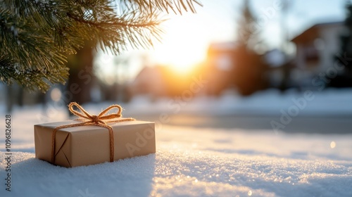 A gift rests on snowy ground, illuminated by a stunning sunset, with the soft shadow of a pine branch falling over it, encapsulating tranquility and hope. photo