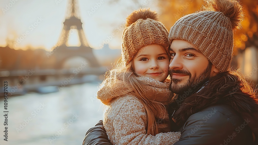 Obraz premium A family posing near a famous monument in Paris on a sunny day